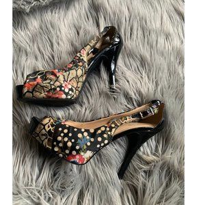 Peekaboo flowered/polka dot satin heels